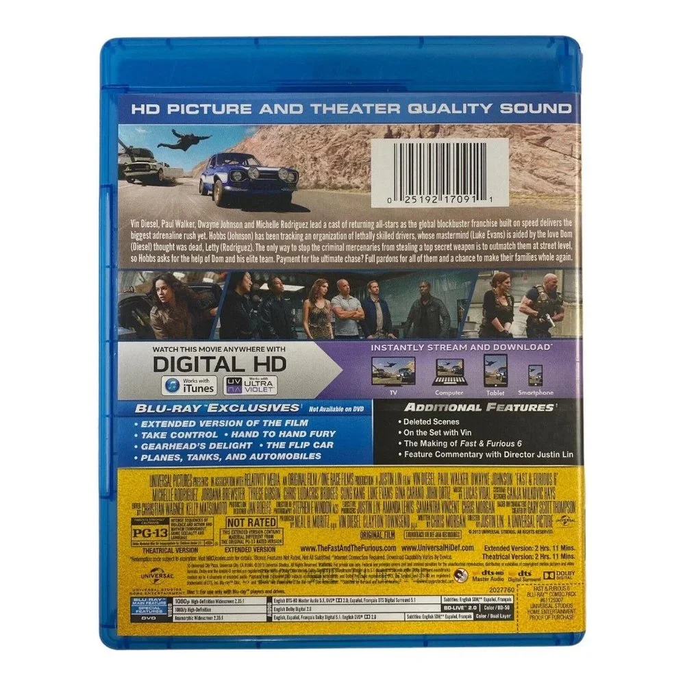 Fast  Furious‎ 6 (Blu-ray, 2013) Action, Vin Diesel, Paul Walker, Dwayne Johnson